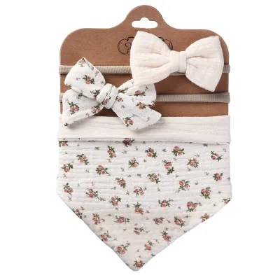 Baby Pure Cotton Zou Cloth Printed Double-Sided Bibs Triangular Scarf Headband Set