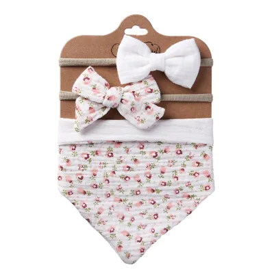 Baby Pure Cotton Zou Cloth Printed Double-Sided Bibs Triangular Scarf Headband Set