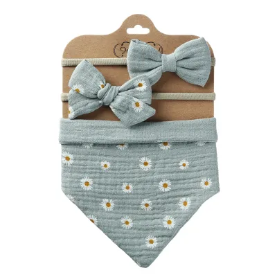 Baby Pure Cotton Zou Cloth Printed Double-Sided Bibs Triangular Scarf Headband Set