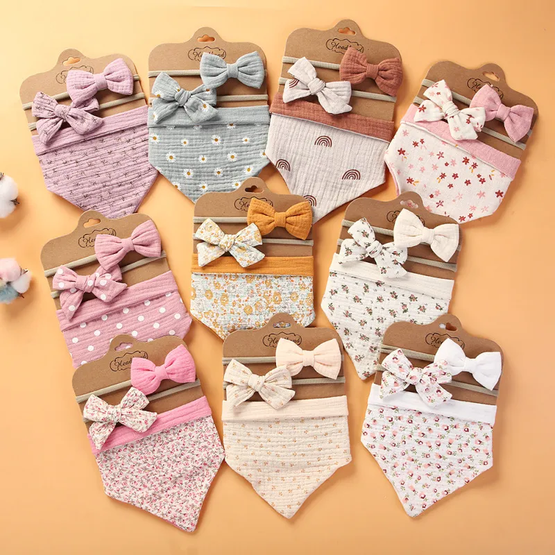 Baby Pure Cotton Zou Cloth Printed Double-Sided Bibs Triangular Scarf Headband Set