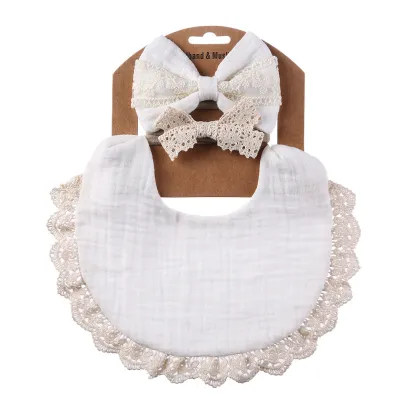 Baby Crinkle Cotton Solid Color Bib and Lace Headband Set - Snap Button Adjustable, Unisex