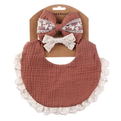 Baby Crinkle Cotton Solid Color Bib and Lace Headband Set - Snap Button Adjustable, Unisex