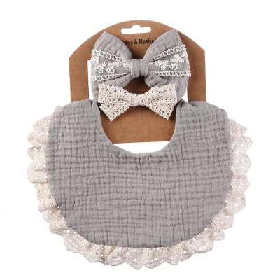 Baby Crinkle Cotton Solid Color Bib and Lace Headband Set - Snap Button Adjustable, Unisex
