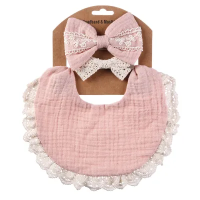 Baby Crinkle Cotton Solid Color Bib and Lace Headband Set - Snap Button Adjustable, Unisex