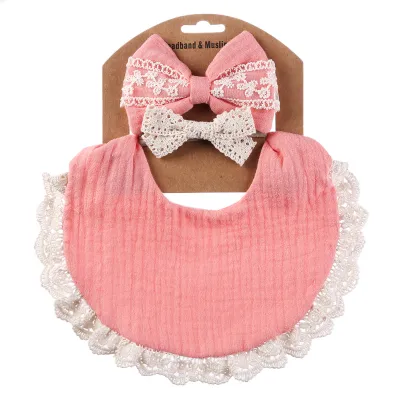 Baby Crinkle Cotton Solid Color Bib and Lace Headband Set - Snap Button Adjustable, Unisex