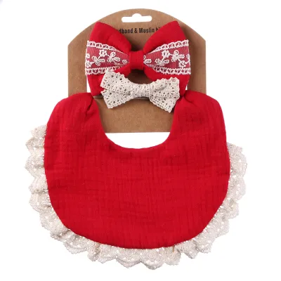 Baby Crinkle Cotton Solid Color Bib and Lace Headband Set - Snap Button Adjustable, Unisex