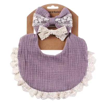 Baby Crinkle Cotton Solid Color Bib and Lace Headband Set - Snap Button Adjustable, Unisex