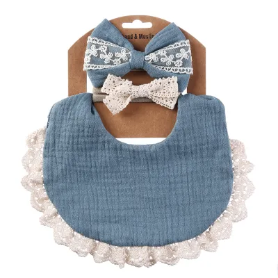 Baby Crinkle Cotton Solid Color Bib and Lace Headband Set - Snap Button Adjustable, Unisex