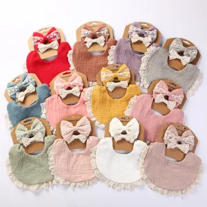 Baby Crinkle Cotton Solid Color Bib and Lace Headband Set - Snap Button Adjustable, Unisex