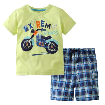 Kids Fashion Boys Cute Cartoon Print Short Sleeve Shorts Two Piece Set 100% Cotton