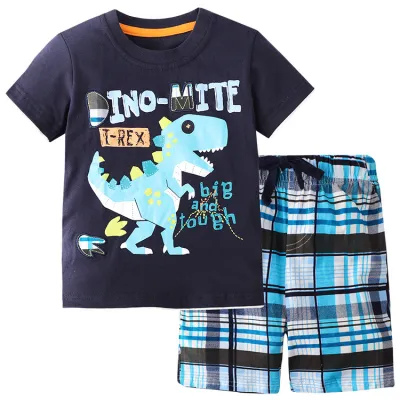 Kids Fashion Boys Cute Cartoon Print Short Sleeve Shorts Two Piece Set 100% Cotton