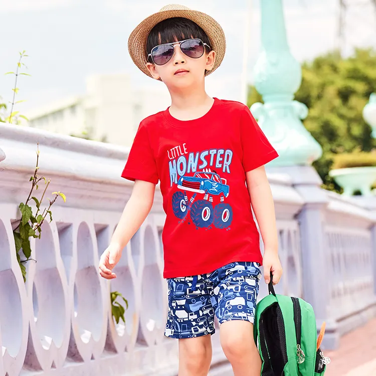 Kids Fashion Boys Cute Cartoon Print Short Sleeve Shorts Two Piece Set 100% Cotton