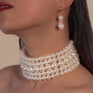 Women's Fashion Elegant Multilayer Imitation Pearl Beaded Short Necklace Earrings Set