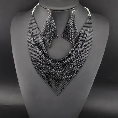 Women Fashion Exaggerated Triangle Scarf Sequins Silk Scarf Fake Collar Necklace Earrings Set
