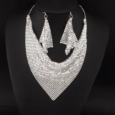 Women Fashion Exaggerated Triangle Scarf Sequins Silk Scarf Fake Collar Necklace Earrings Set