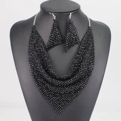 Women Fashion Exaggerated Triangle Scarf Sequins Silk Scarf Fake Collar Necklace Earrings Set