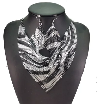 Women Fashion Exaggerated Triangle Scarf Sequins Silk Scarf Fake Collar Necklace Earrings Set