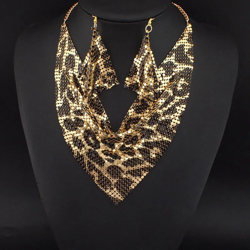 Women Fashion Exaggerated Triangle Scarf Sequins Silk Scarf Fake Collar Necklace Earrings Set