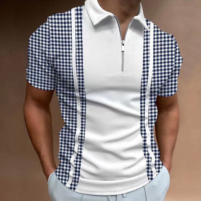Wholesale Men Fashion Colorblock Zip Lapel Check Print Short