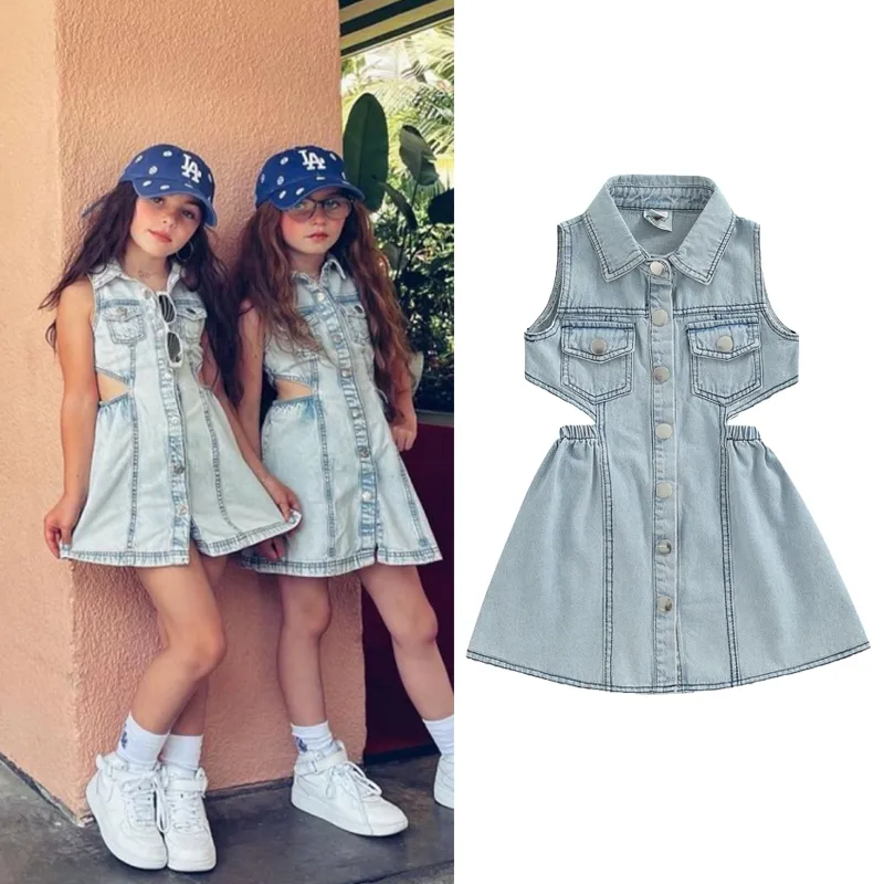 Kids Fashion Backless Sleeveless Denim Dress