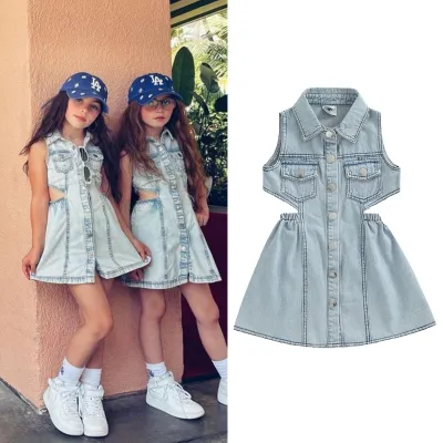 Kids Fashion Backless Sleeveless Denim Dress