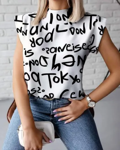 Women Casual Office Summer Geometric Print Short Sleeves Blouse
