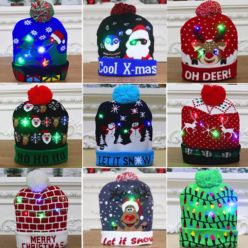 Adult Kids Christmas Hat With Lights Colorful Luminous Knitted Hat Acrylic Party Hat