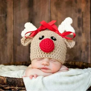 Kids Christmas Elk Red Nose Knitted Cotton Hat Unisex