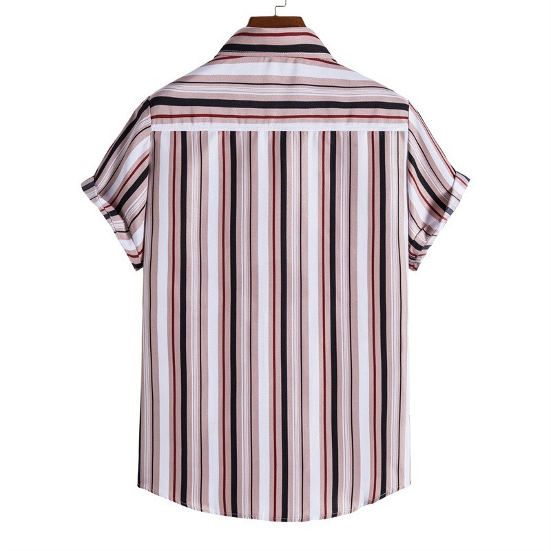 Wholesale Men Casual Colorblock Striped Lapel Short Sleeve