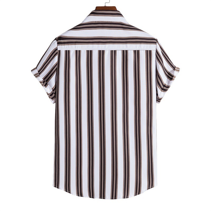 Wholesale Men Casual Colorblock Striped Lapel Short Sleeve