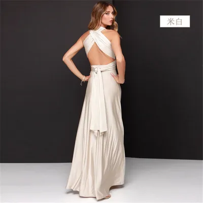 Women Elegant Solid Color V Neck Backless Sexy Bandage Maxi Dress