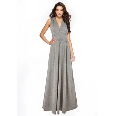 Women Elegant Solid Color V Neck Backless Sexy Bandage Maxi Dress