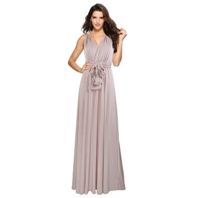 Women Elegant Solid Color V Neck Backless Sexy Bandage Maxi Dress