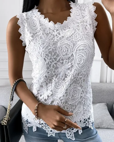 Women Elegant Summer U Neck Sleeveless Solid Color Casual Lace Tank Top