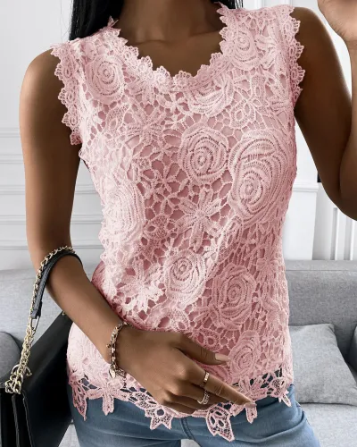 Women Elegant Summer U Neck Sleeveless Solid Color Casual Lace Tank Top