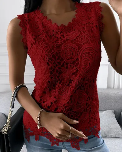 Women Elegant Summer U Neck Sleeveless Solid Color Casual Lace Tank Top