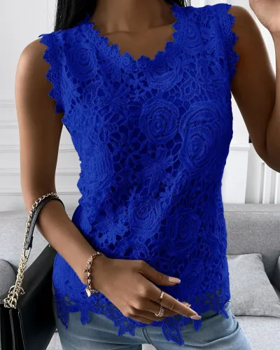 Women Elegant Summer U Neck Sleeveless Solid Color Casual Lace Tank Top
