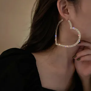 Women Fashion Exaggerated 925 Silver Needle Alloy Full Diamond Heart Earrings