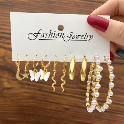 Women Acrylic Butterfly Pearl Snake 5 Pairs Set Earrings
