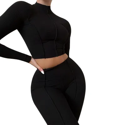 Women Casual Pants Suit High Waist Slim Long Sleeves And Pants Two Pieces Set