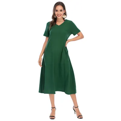 Women Elegant Basic Solid Color V Neck Short Sleeve Midi Dress