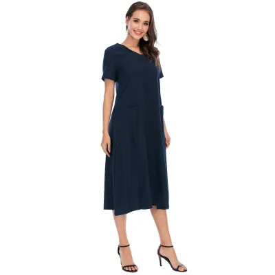 Women Elegant Basic Solid Color V Neck Short Sleeve Midi Dress