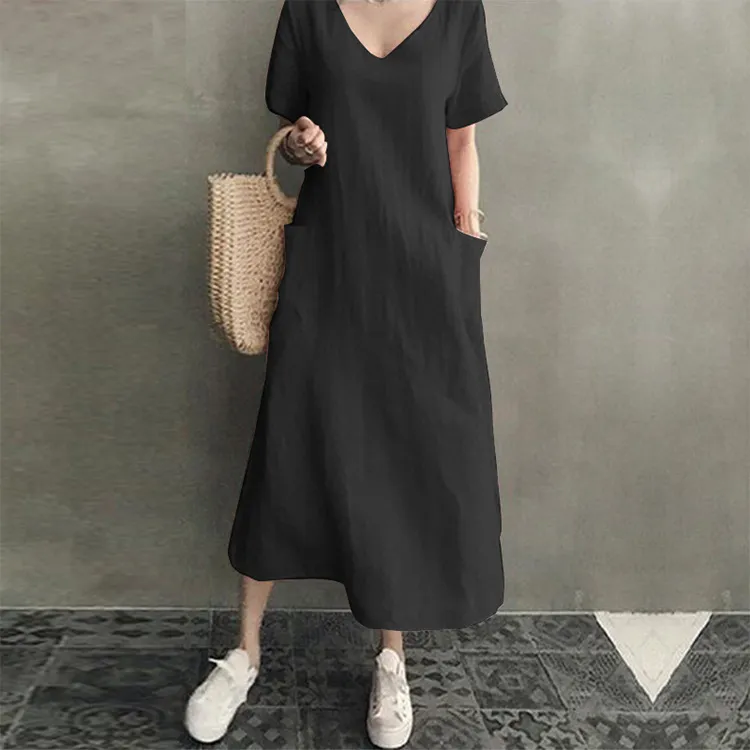 Women Elegant Basic Solid Color V Neck Short Sleeve Midi Dress