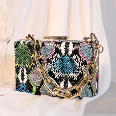 Women's Fashion Snake Pattern Chain Decorative Buckle Design Square Evening Bag