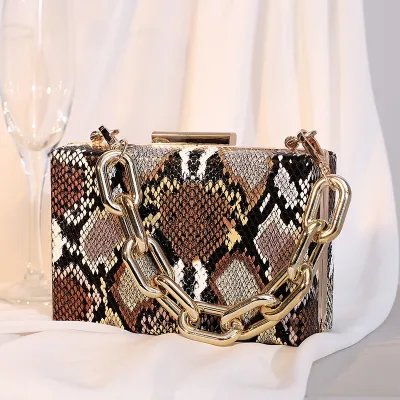 Women's Fashion Snake Pattern Chain Decorative Buckle Design Square Evening Bag