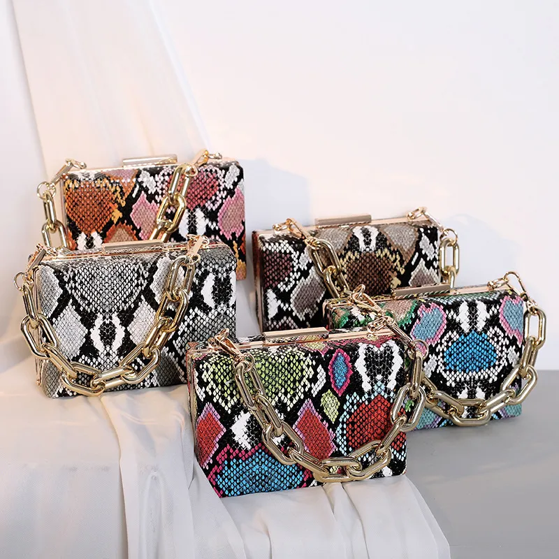 Women's Fashion Snake Pattern Chain Decorative Buckle Design Square Evening Bag