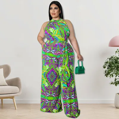 Plus Size Women Print Sleeveless Waist Tie Collar Jumpsuit