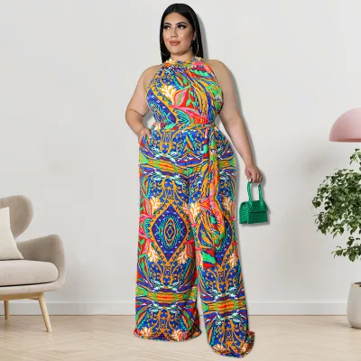 Plus Size Women Print Sleeveless Waist Tie Collar Jumpsuit