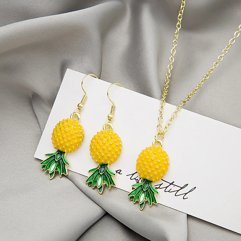Women Fashion Simple Fruit Pineapple Alloy Earrings Necklace 2 Piece Set