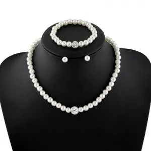 Women Fashion Simple Pearl Necklace Stud Earrings Set